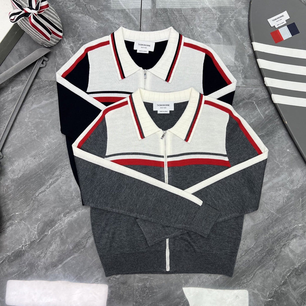 Thom Browne Style Contrast-Stripe Zip-Up Knit Jacket