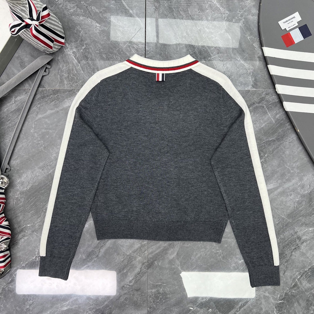 Thom Browne Style Contrast-Stripe Zip-Up Knit Jacket