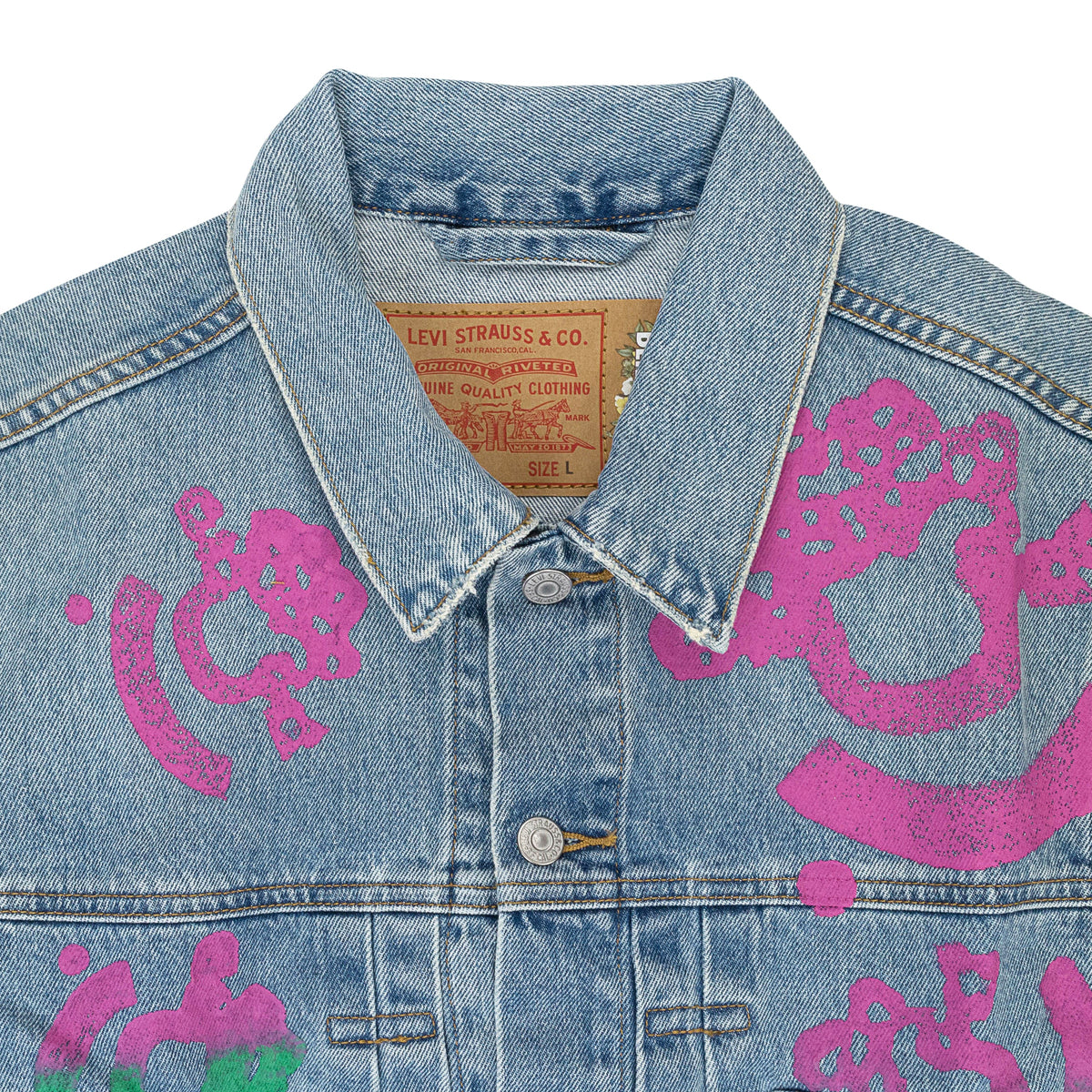 Light Wash Pink & Green Bstroy Denim Jacket