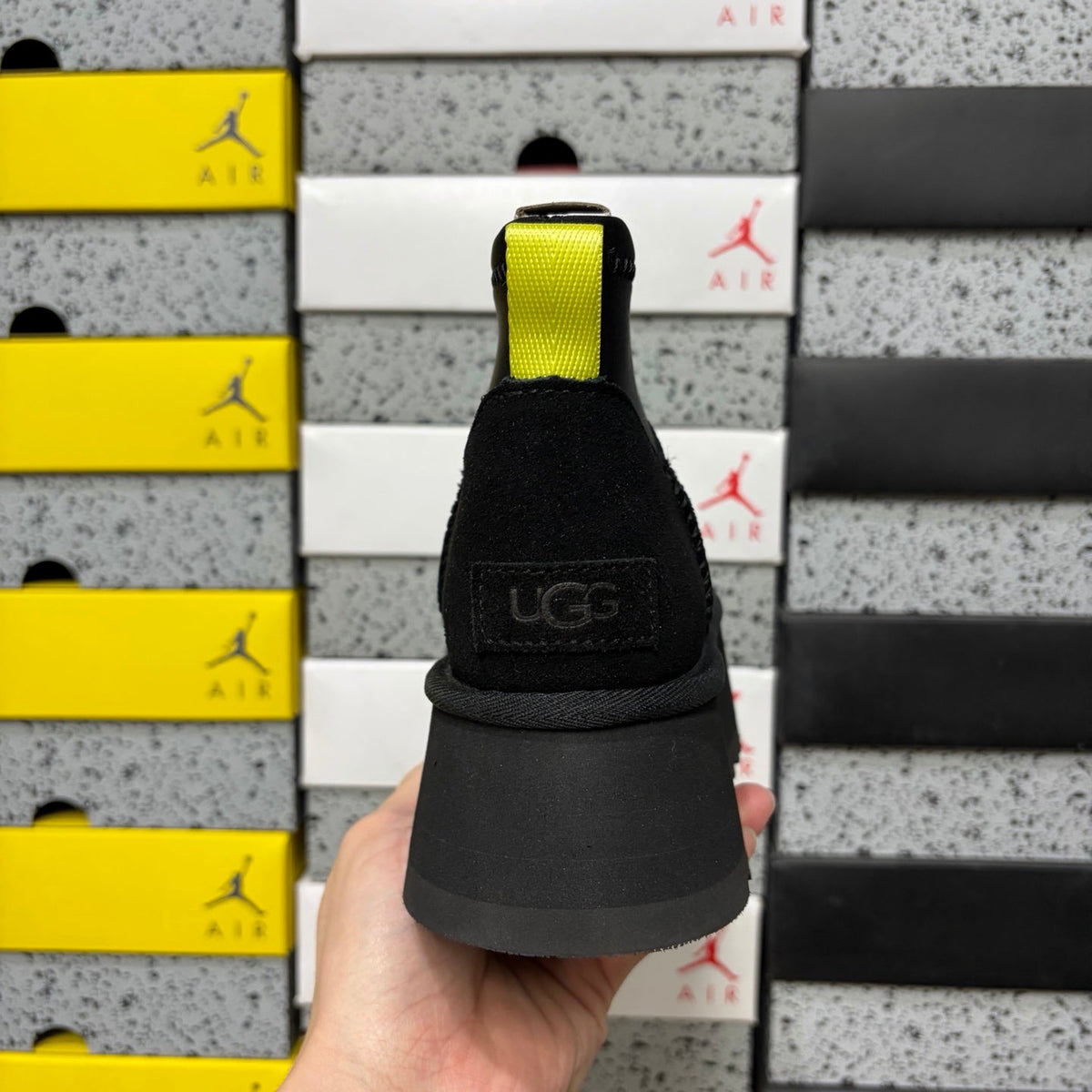 UGG Classic Mini Weather Hybrid Women's Boot – Suede & Stretch Collar Ankle Boot with Neon Yellow Pull Tab, UGG SugrSole & Weather-Resistant Construction in Black