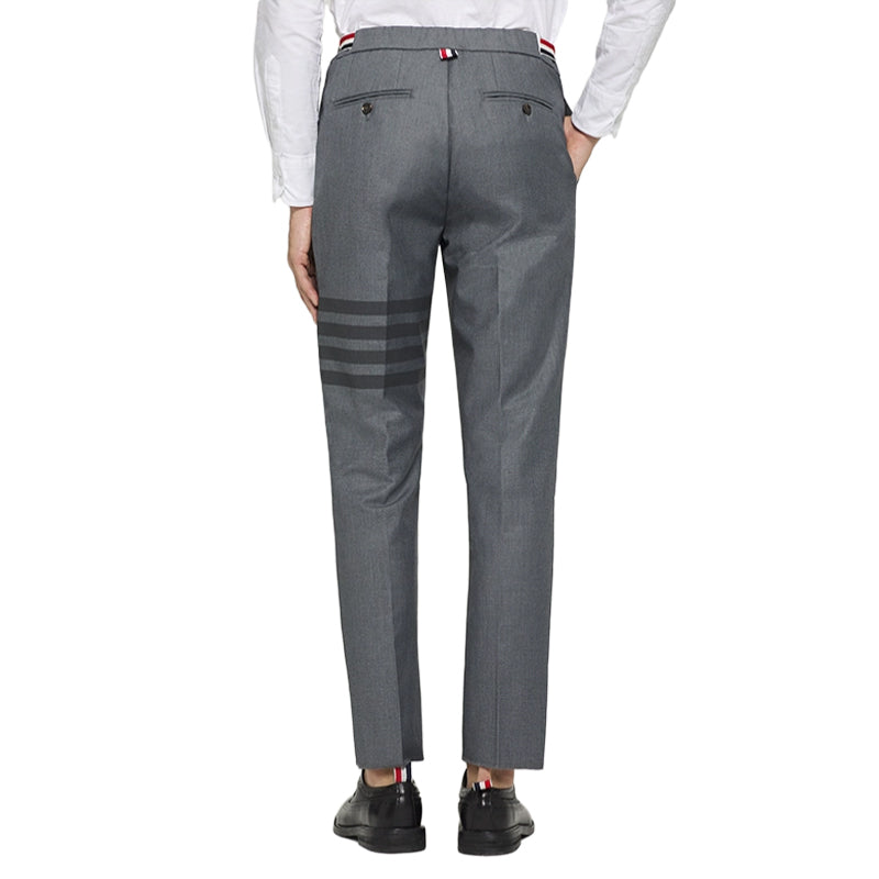 Thom Browne Style Men's Business Trousers - 50% Wool Premium Dress Pants with Signature Four-Bar Detail