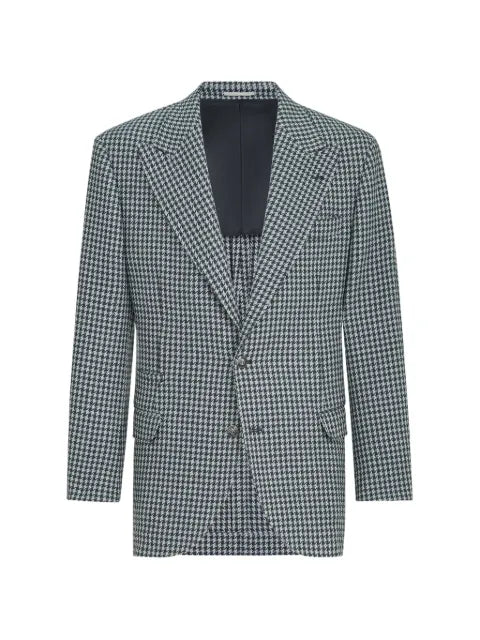 Brunello Cucinelli cashmere macro houndstooth tailor blazer with peak lapels and metal buttons