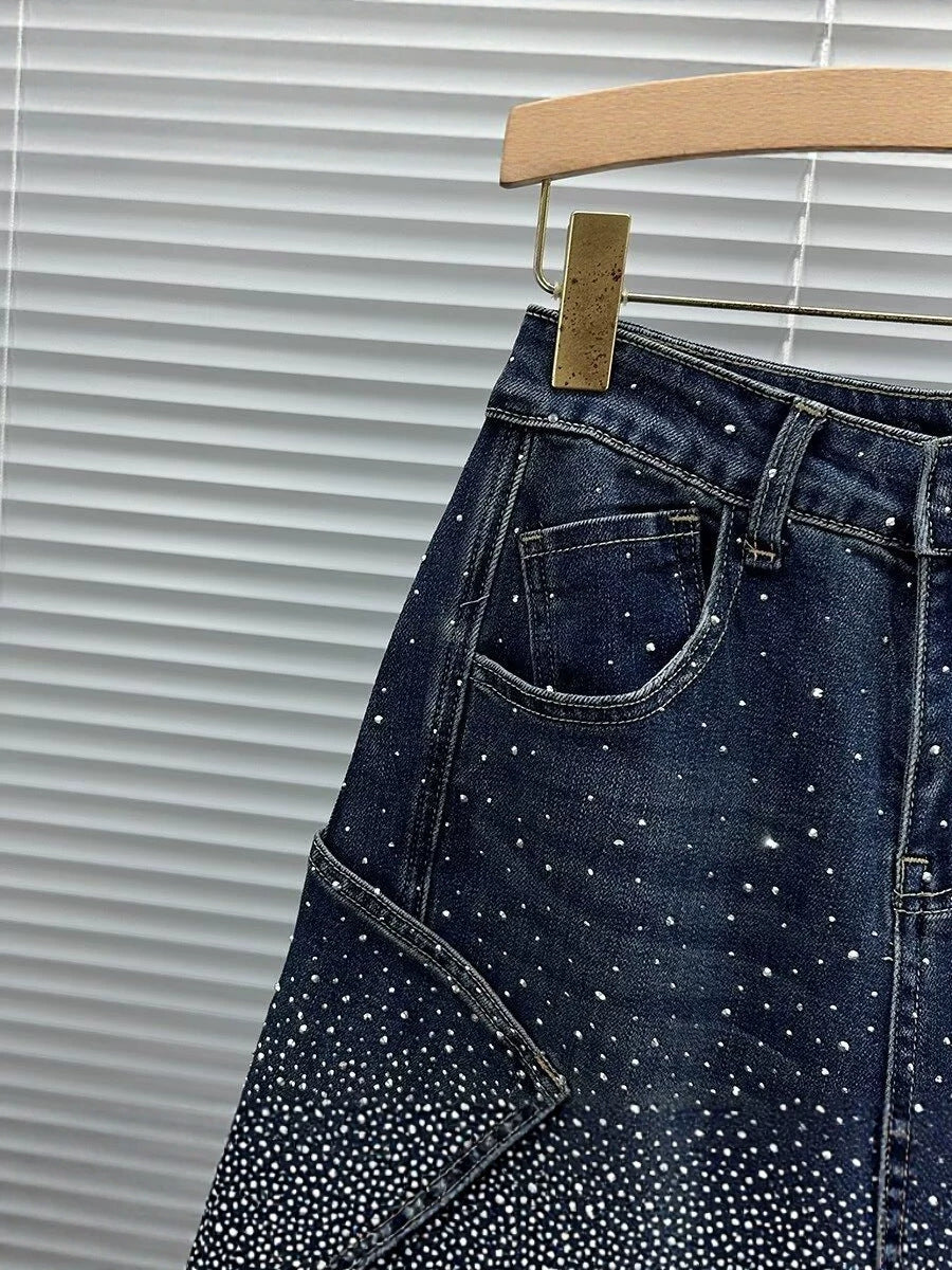 Rhinestone Studded Baggy Banana Curved Jeans Vintage Washed Streetwear