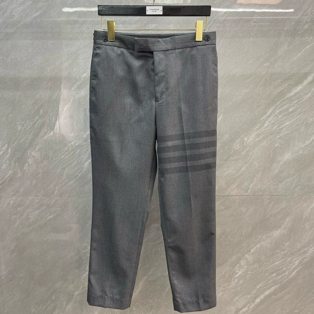 Thom Browne Style Men's Business Trousers - 50% Wool Premium Dress Pants with Signature Four-Bar Detail