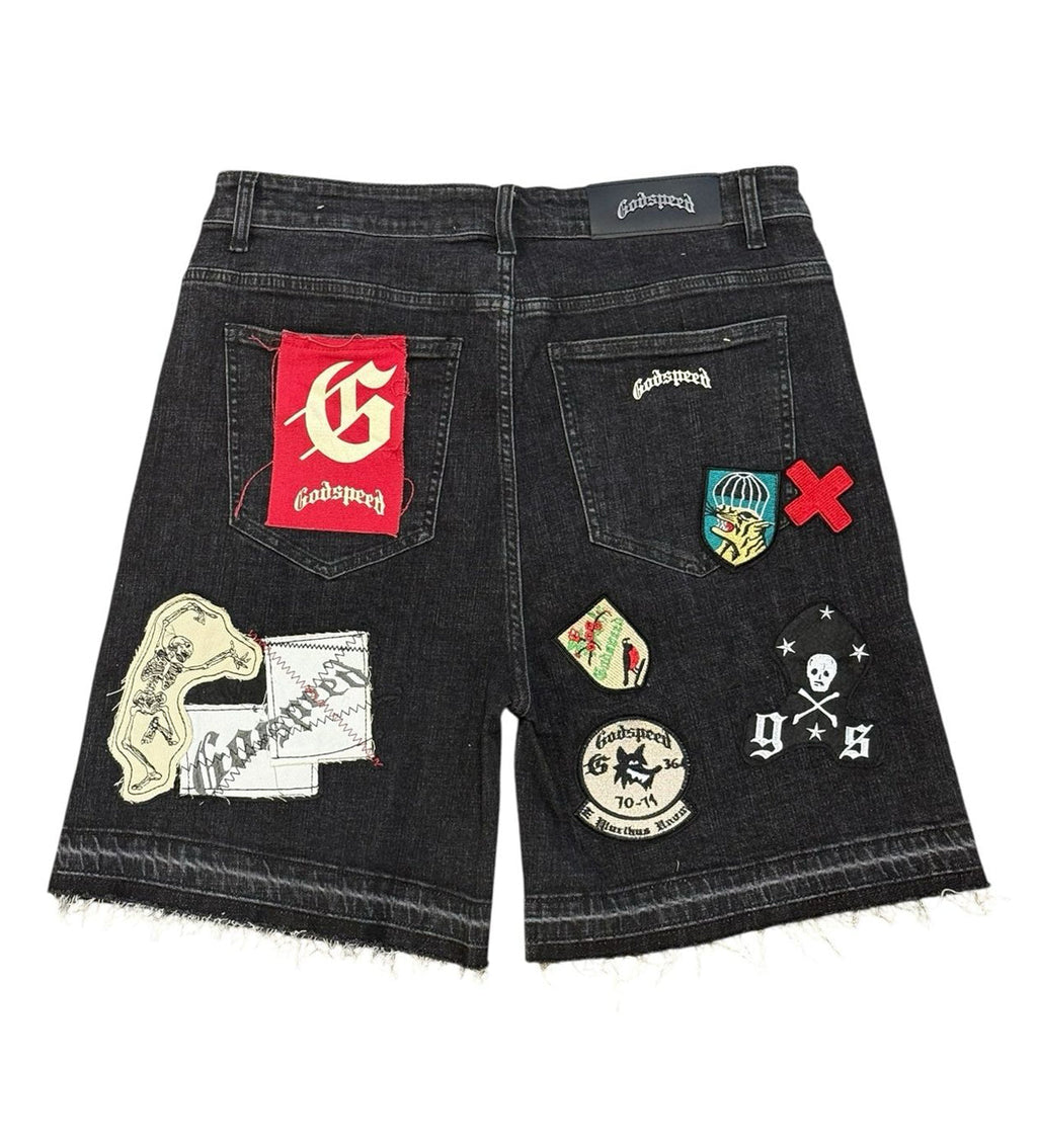 Godspeed Patchwork Brand Boom Denim Shorts Black