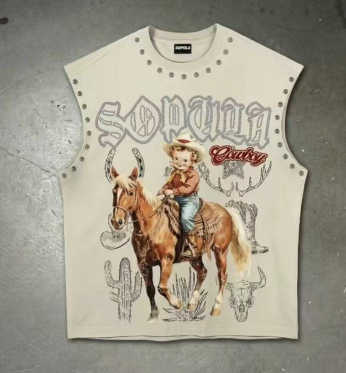 Vintage Retro Graphic Rivet Cut‑Off Sleeveless Tank Top Multi‑Style