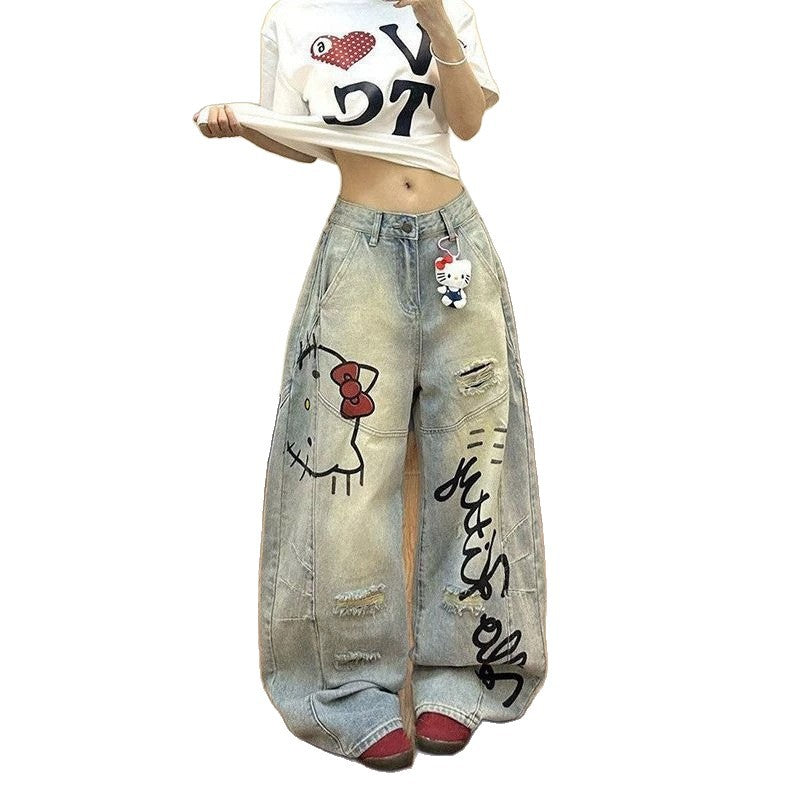 Graffiti Hello Kitty Distressed Curved Wide Leg Baggy Denim Jeans