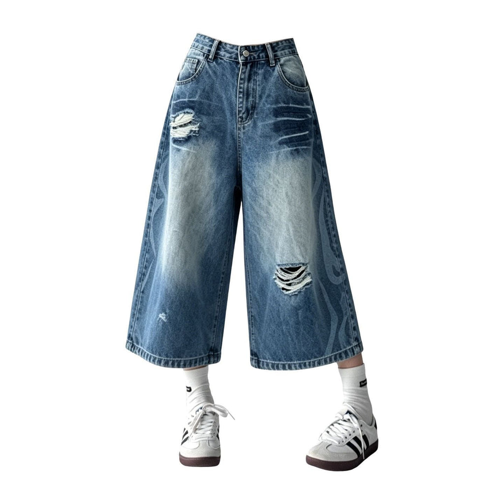 Vintage Distressed Curved Wide Leg Denim Capri Jeans Streetwear