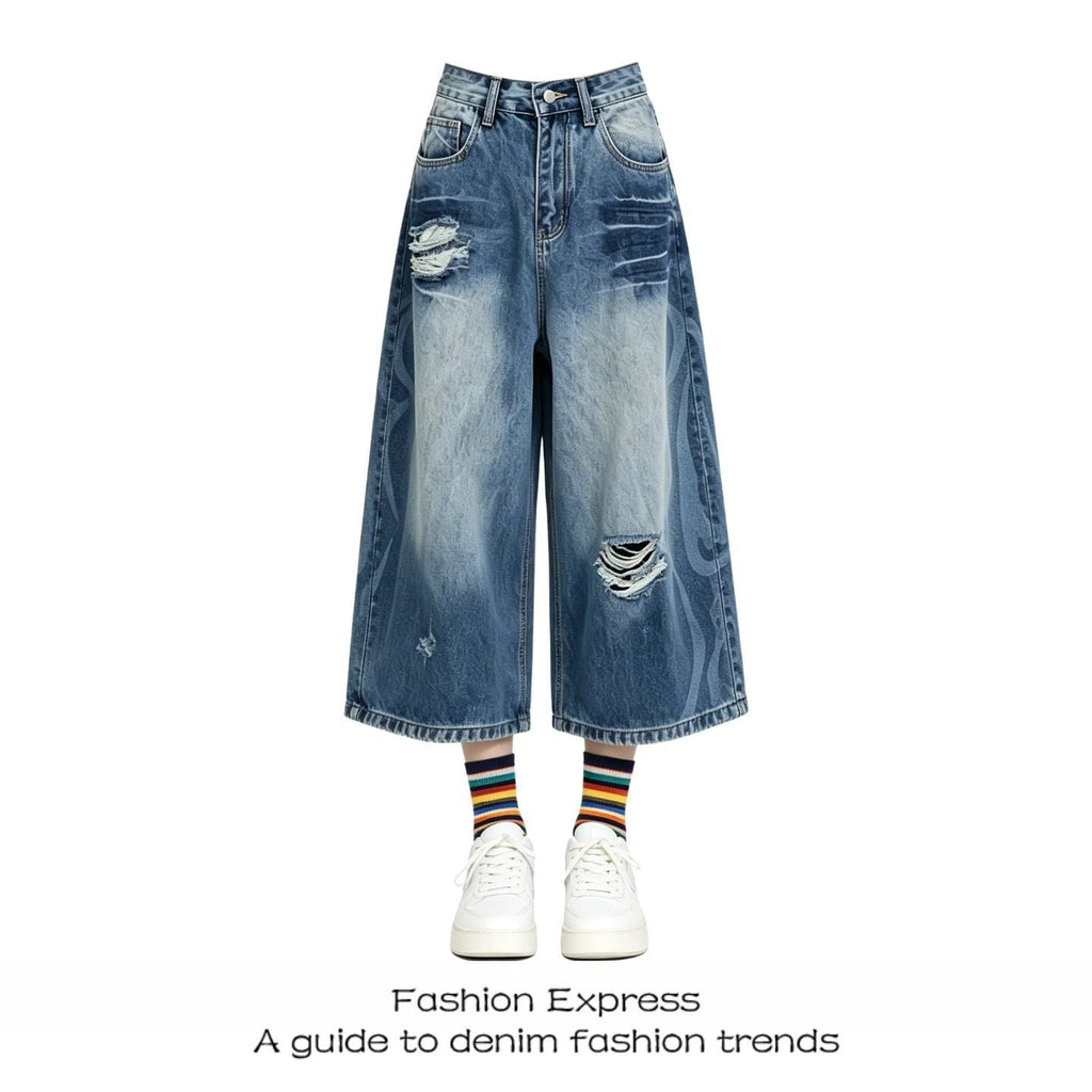 Vintage Distressed Curved Wide Leg Denim Capri Jeans Streetwear