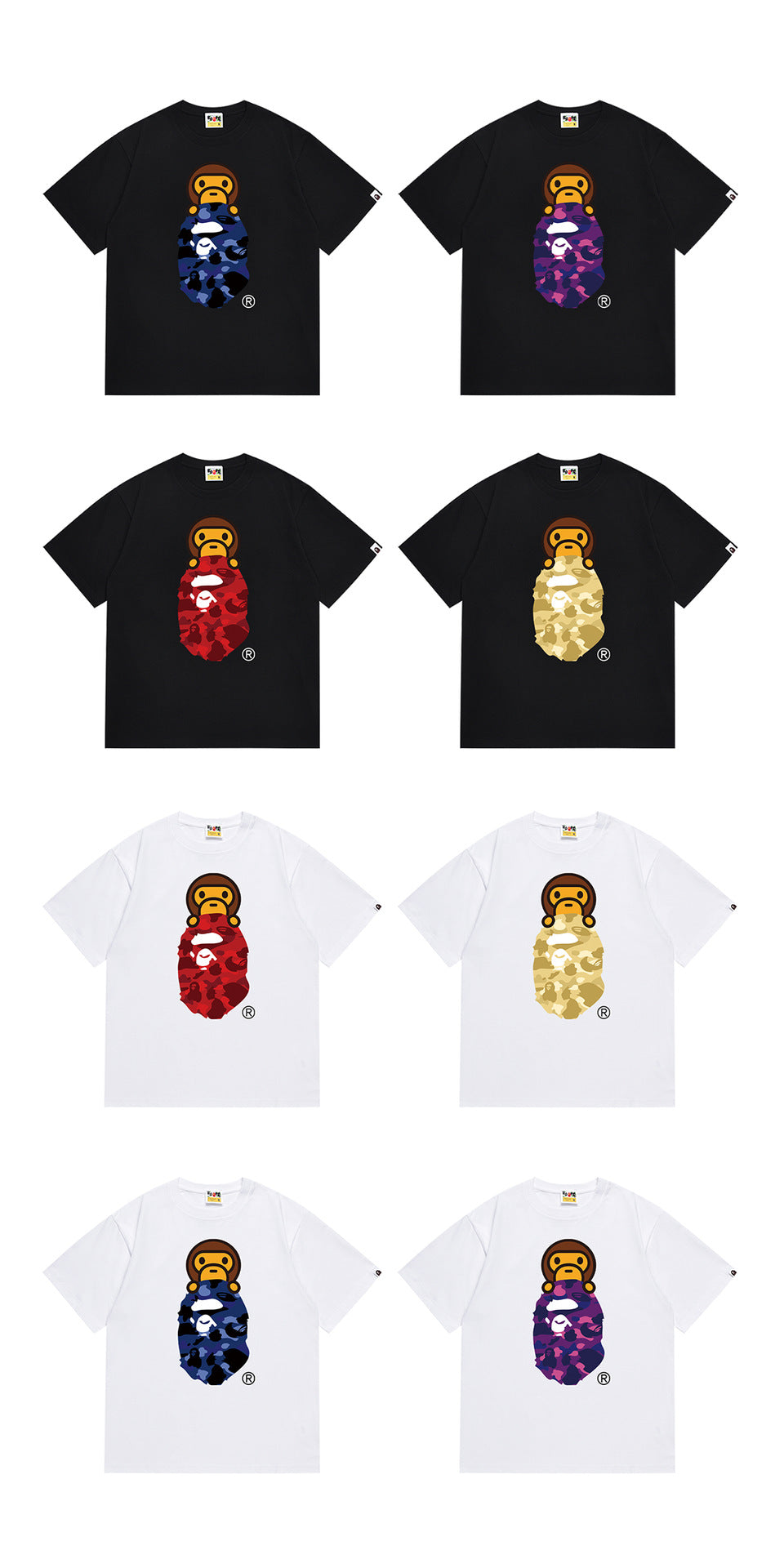 Bape Camo Ape Head Multi‑Color Crew Neck Streetwear Tee Unisex
