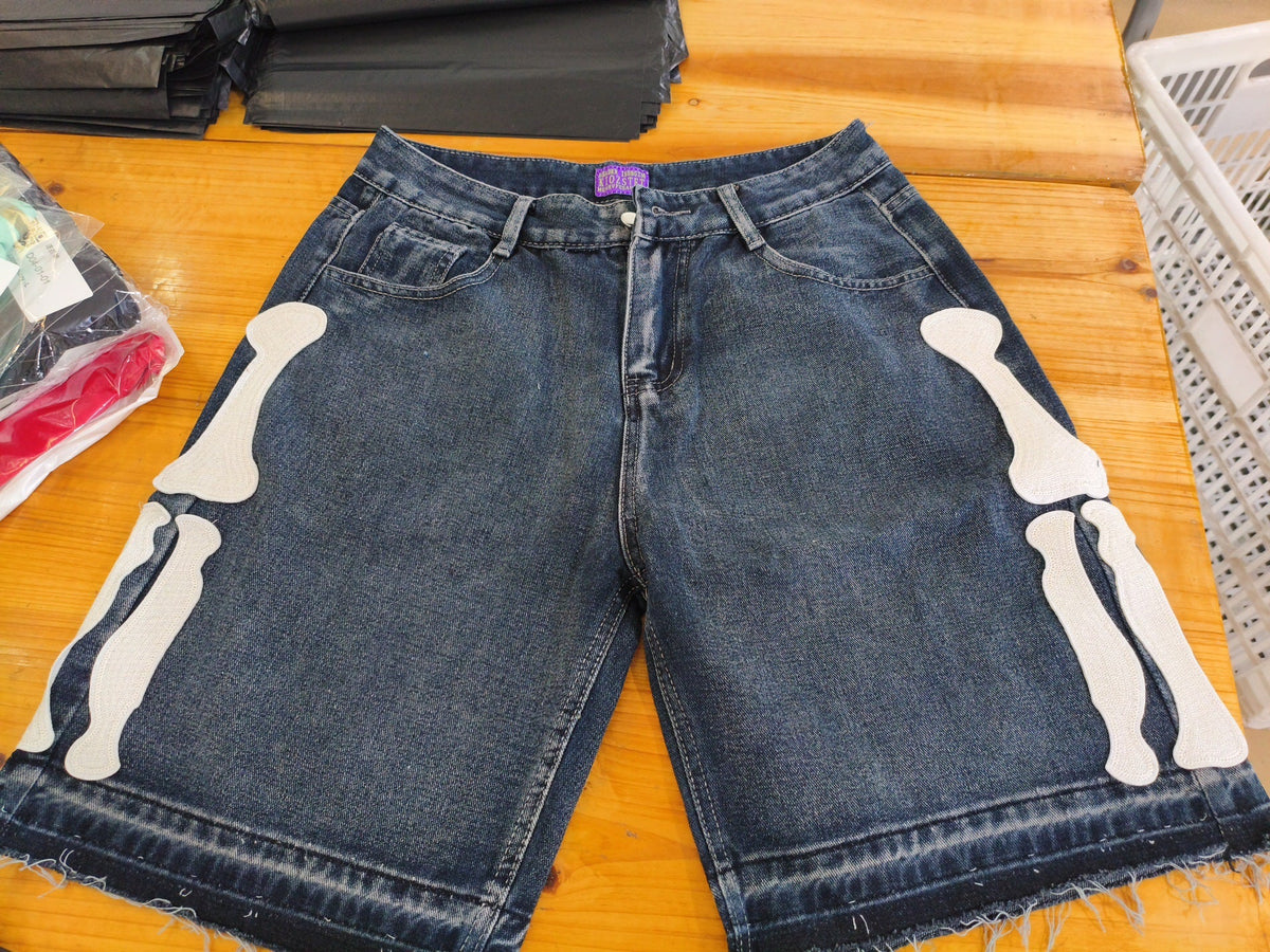 Y2K Skull-Embroidered Baggy Denim Jorts