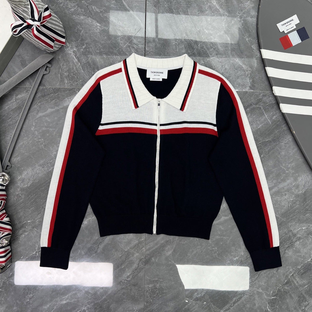 Thom Browne Style Contrast-Stripe Zip-Up Knit Jacket