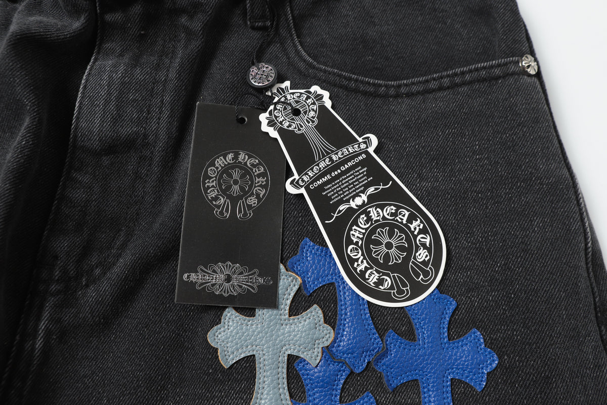 Chrome Hearts Grey & Blue Leather Cross Patches Jeans
