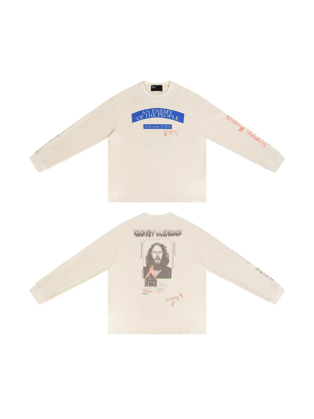 Paly Hollywood Letter Graphic Waffle-Knit Long Sleeve Crewneck T-Shirt