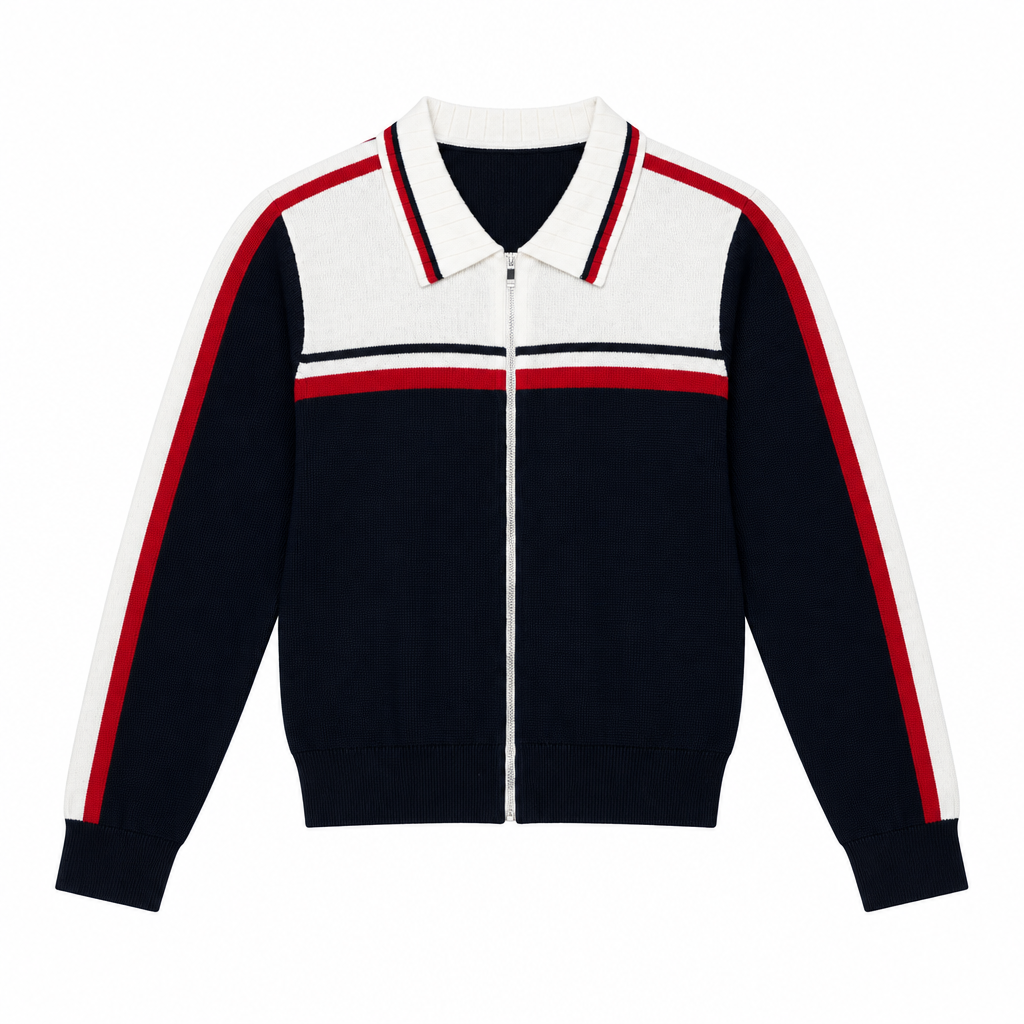 Thom Browne Style Contrast-Stripe Zip-Up Knit Jacket