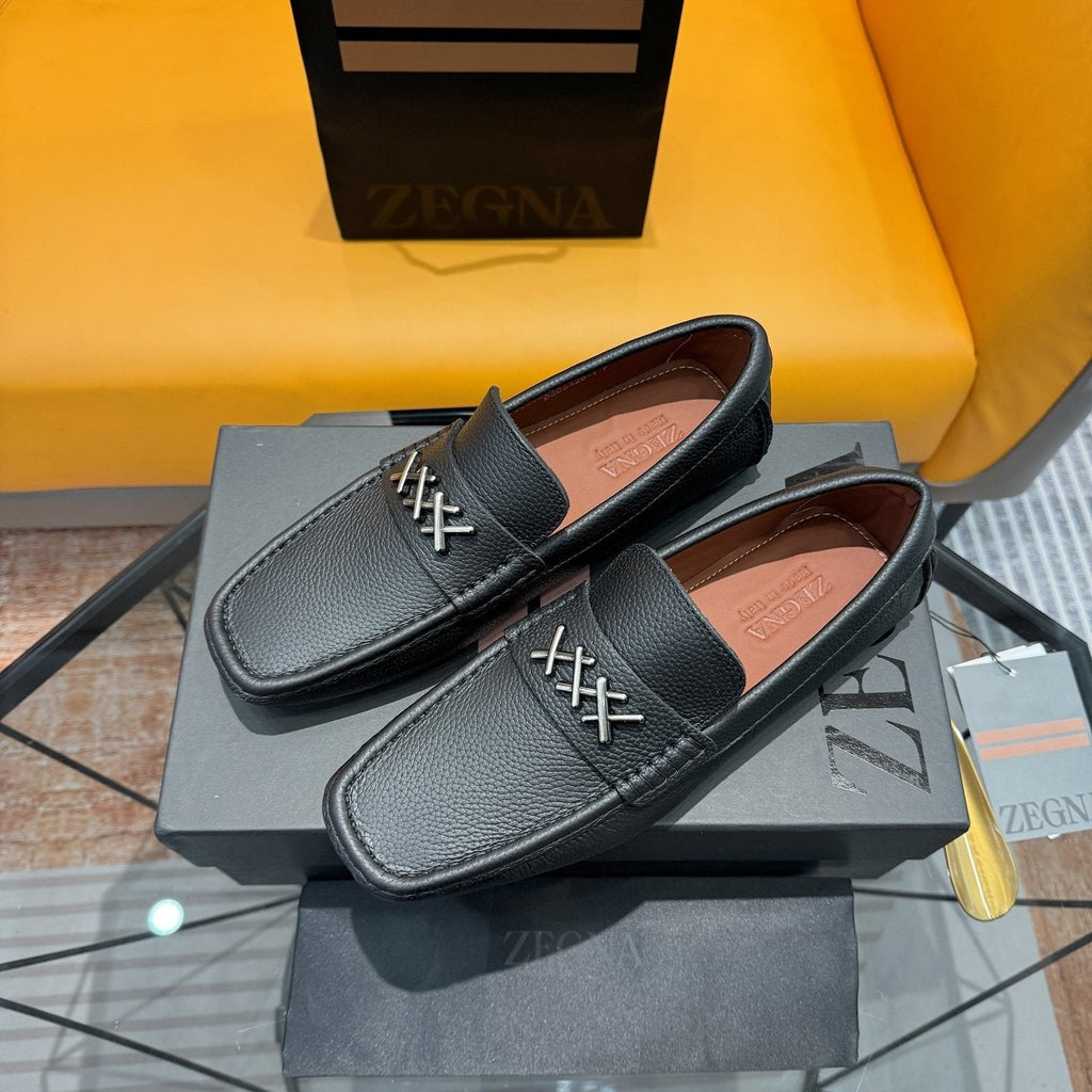 Zegna Black Cross-Stitch Driving Loafers