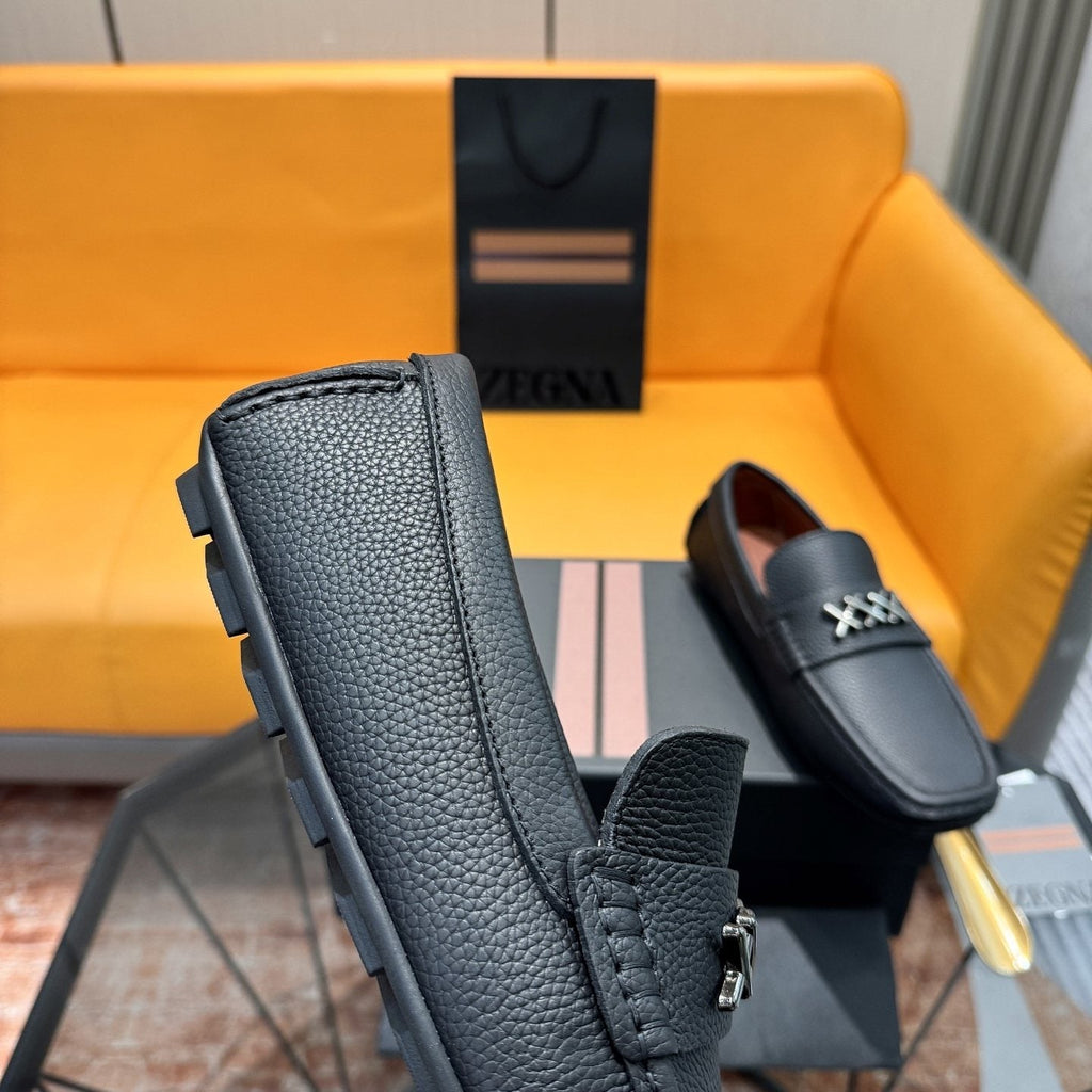 Zegna Black Cross-Stitch Driving Loafers