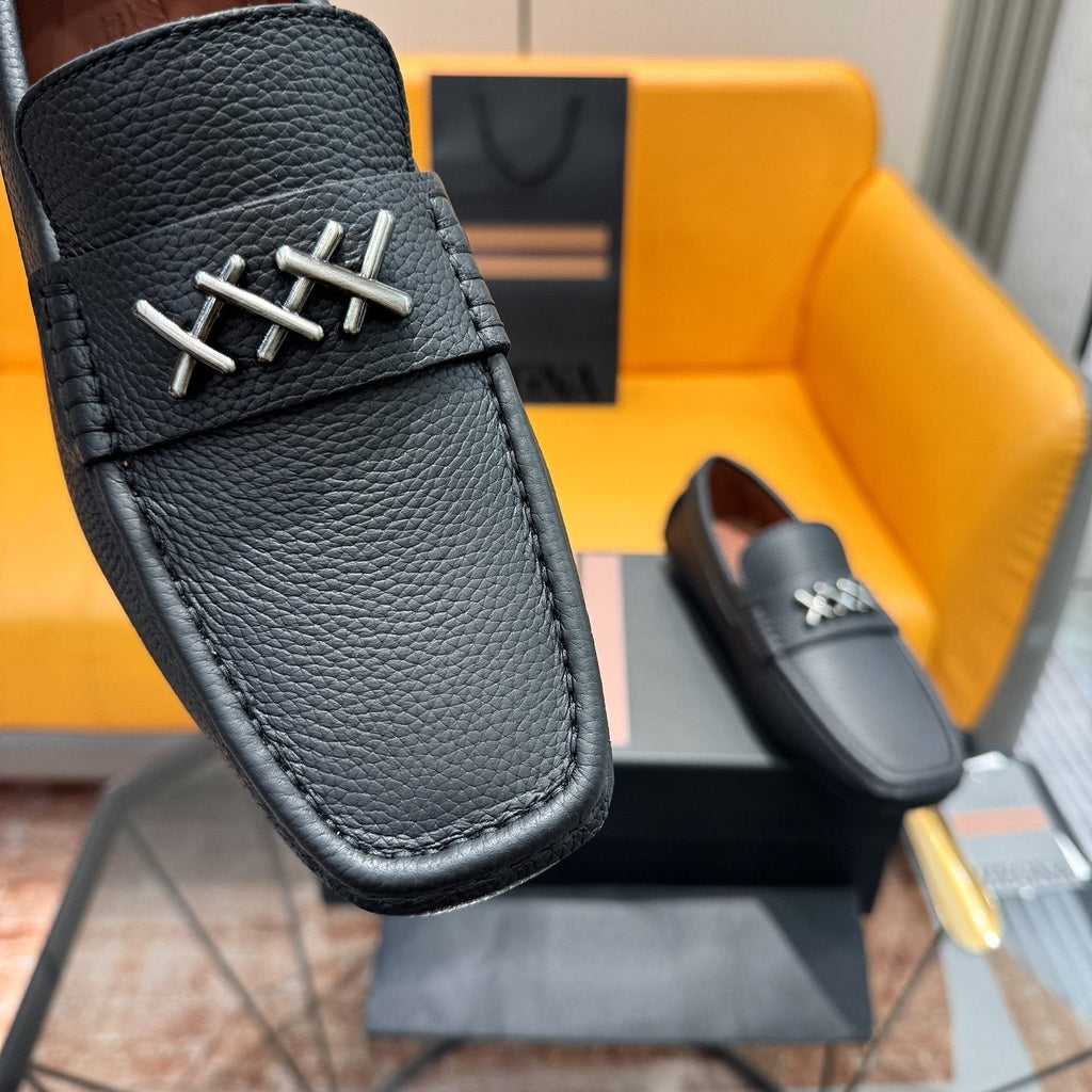 Zegna Black Cross-Stitch Driving Loafers