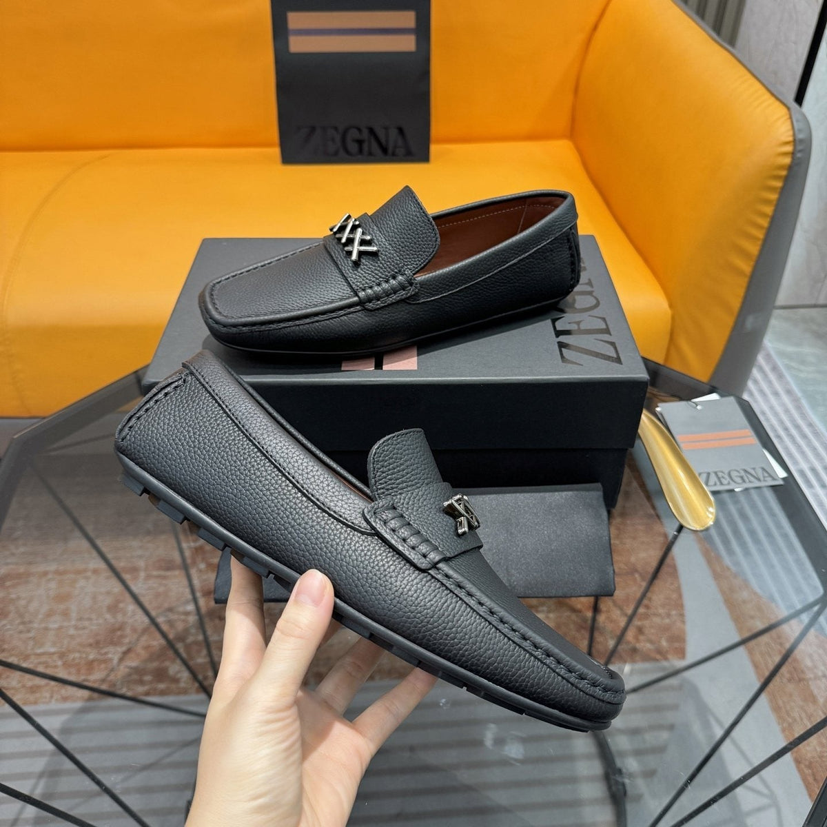 Zegna Black Cross-Stitch Driving Loafers
