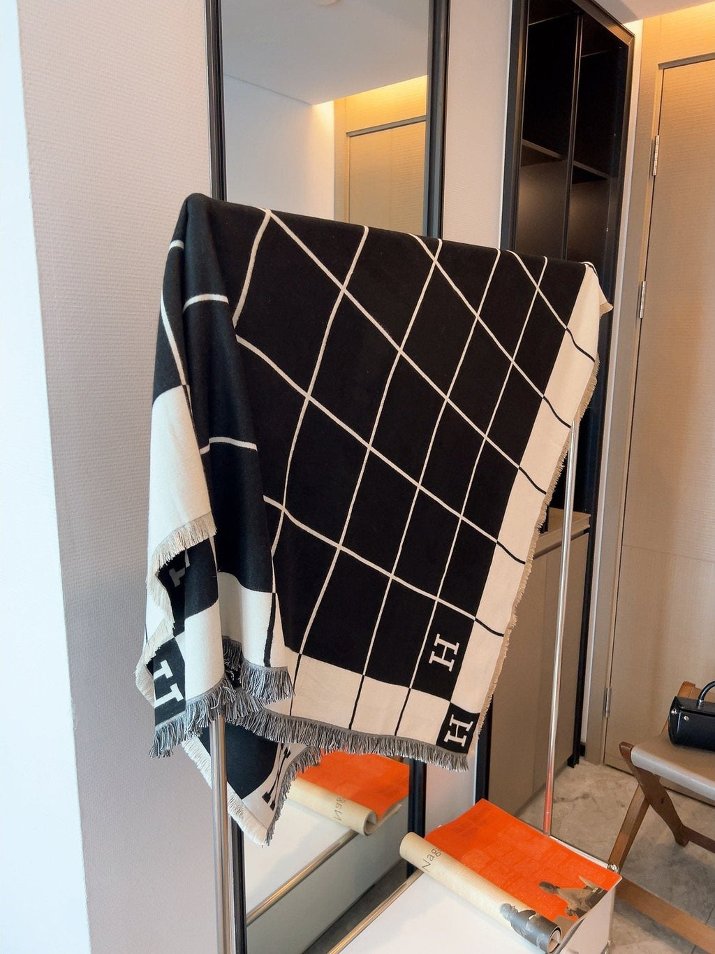 Hermès Black & Cream Grid Square Scarf