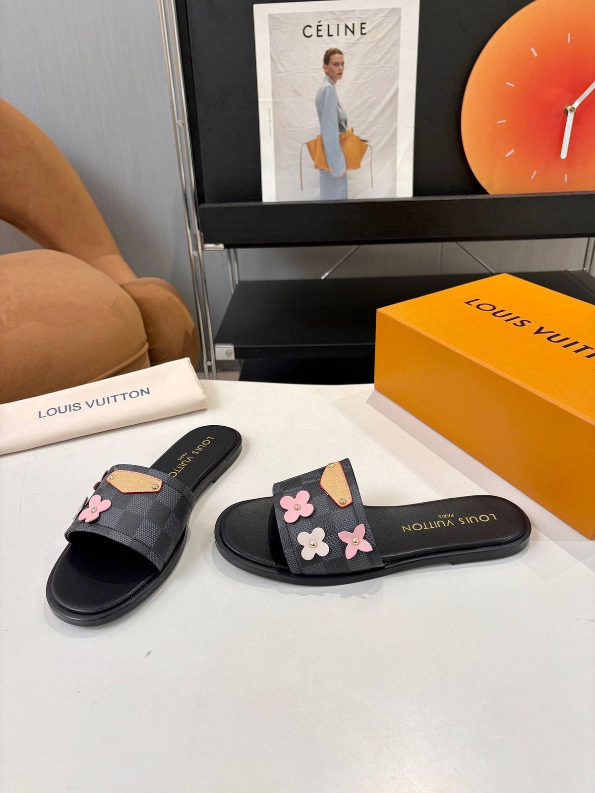 Louis Vuitton Floral Appliqué Slide Sandals