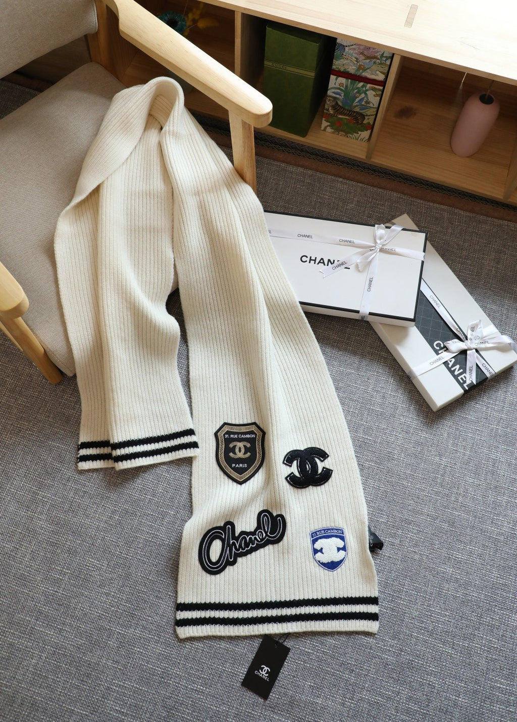 Chanel Emblem Rib-Knit Scarf
