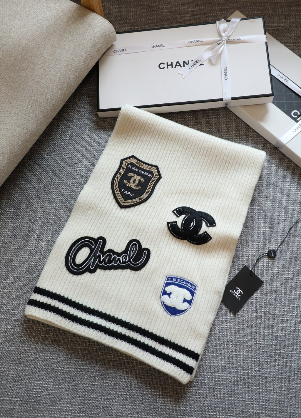 Chanel Emblem Rib-Knit Scarf