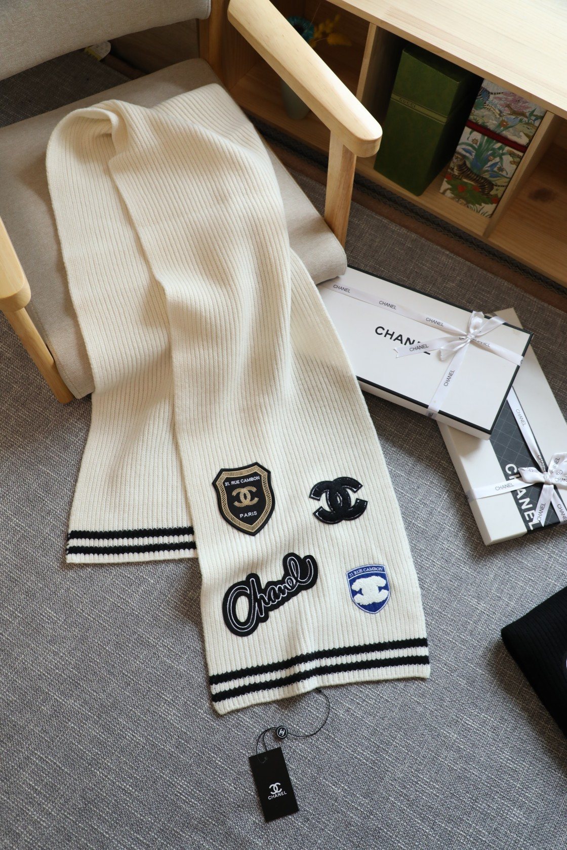 Chanel Emblem Rib-Knit Scarf