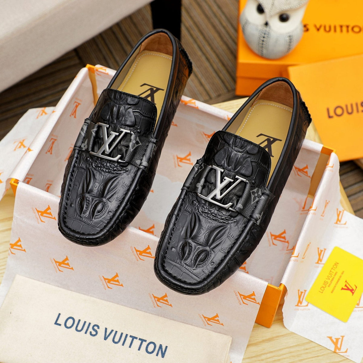 Louis Vuitton Black Embossed Driving Loafers - Leather Lining