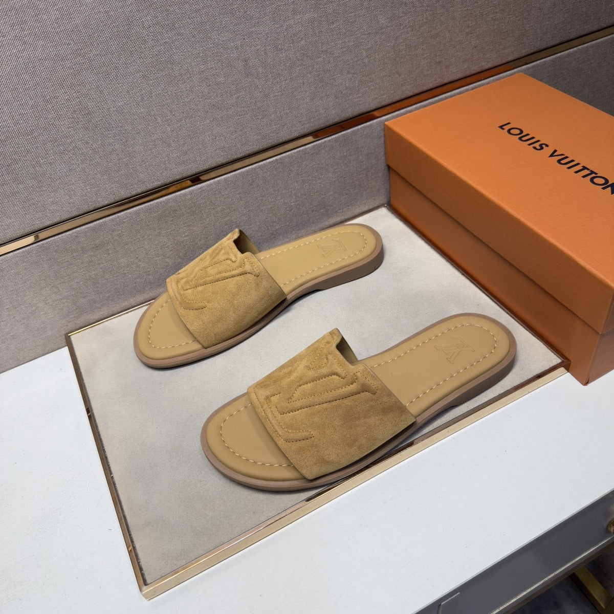 Louis Vuitton Men's Tan Monogram Slide Sandals