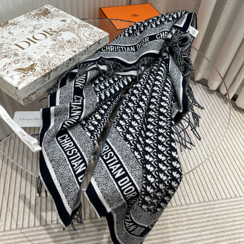 Dior Black & Ivory Fringed Shawl