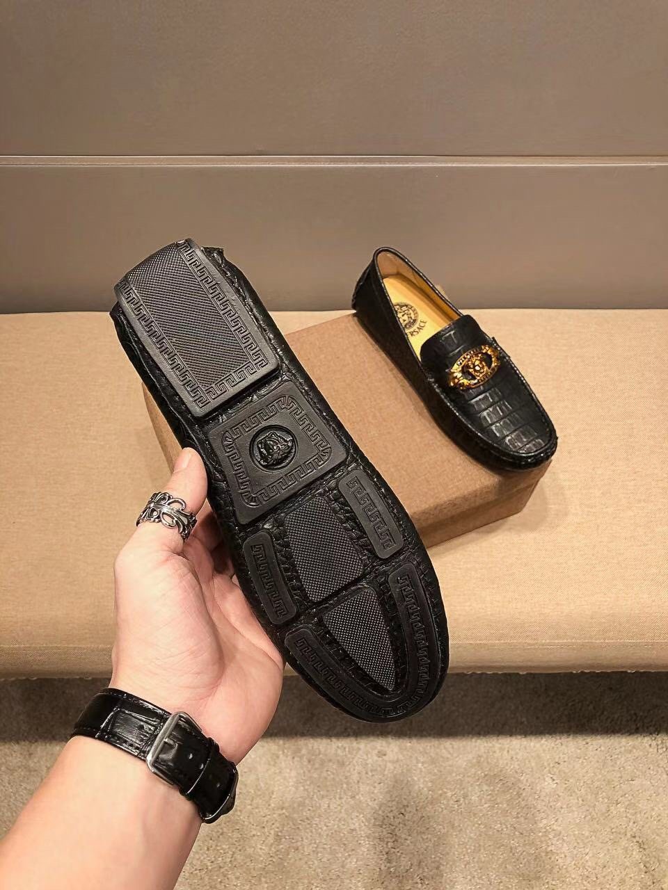 Versace Black Textured Loafers
