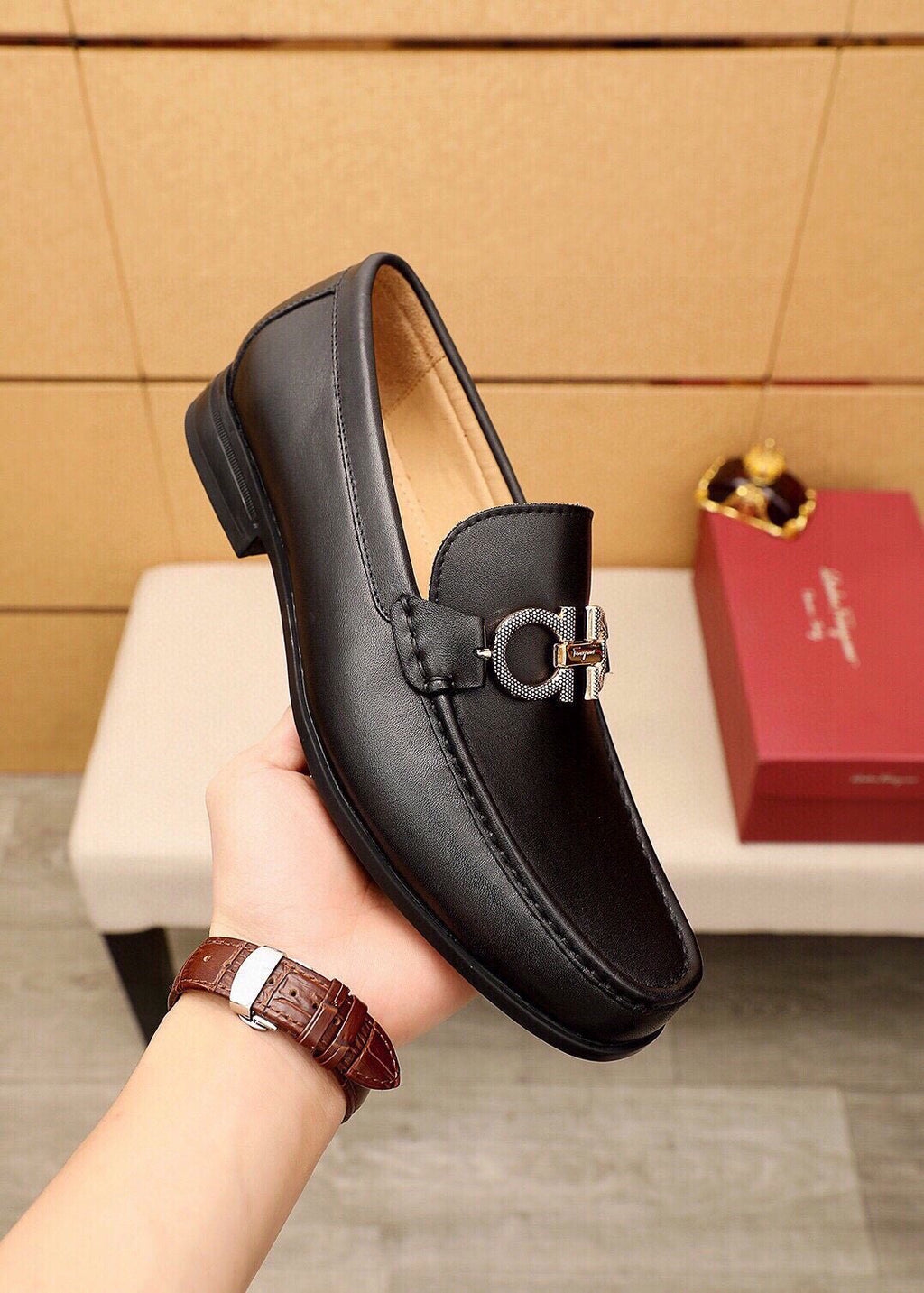 Ferragamo Men's Black Buckle Loafers - Moc-Toe Stitching, Leather Lining