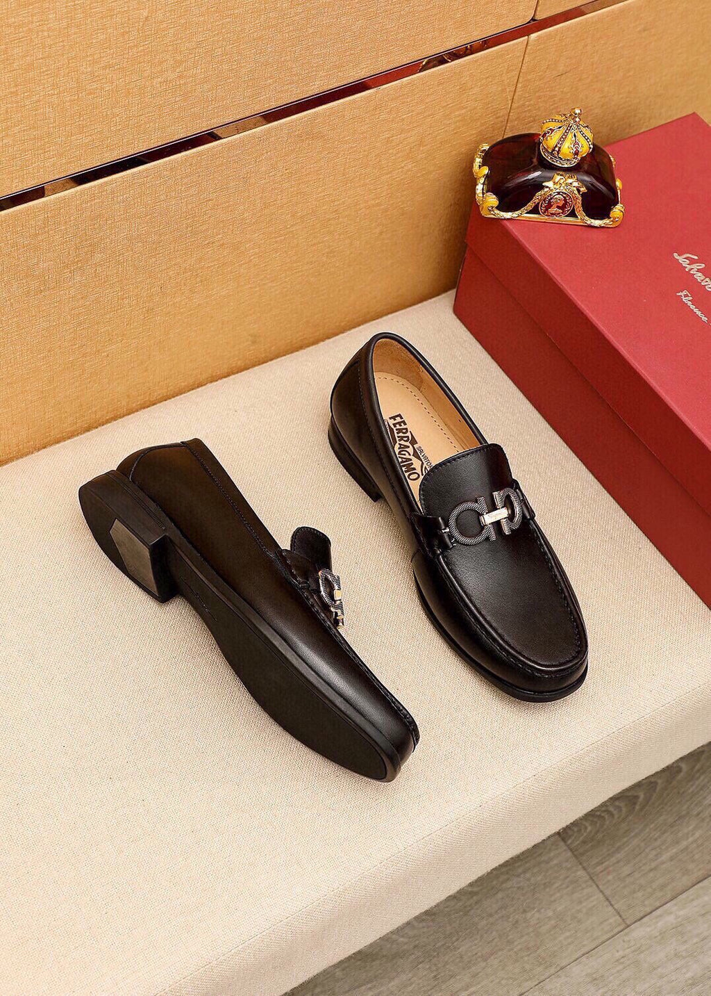 Ferragamo Men's Black Buckle Loafers - Moc-Toe Stitching, Leather Lining