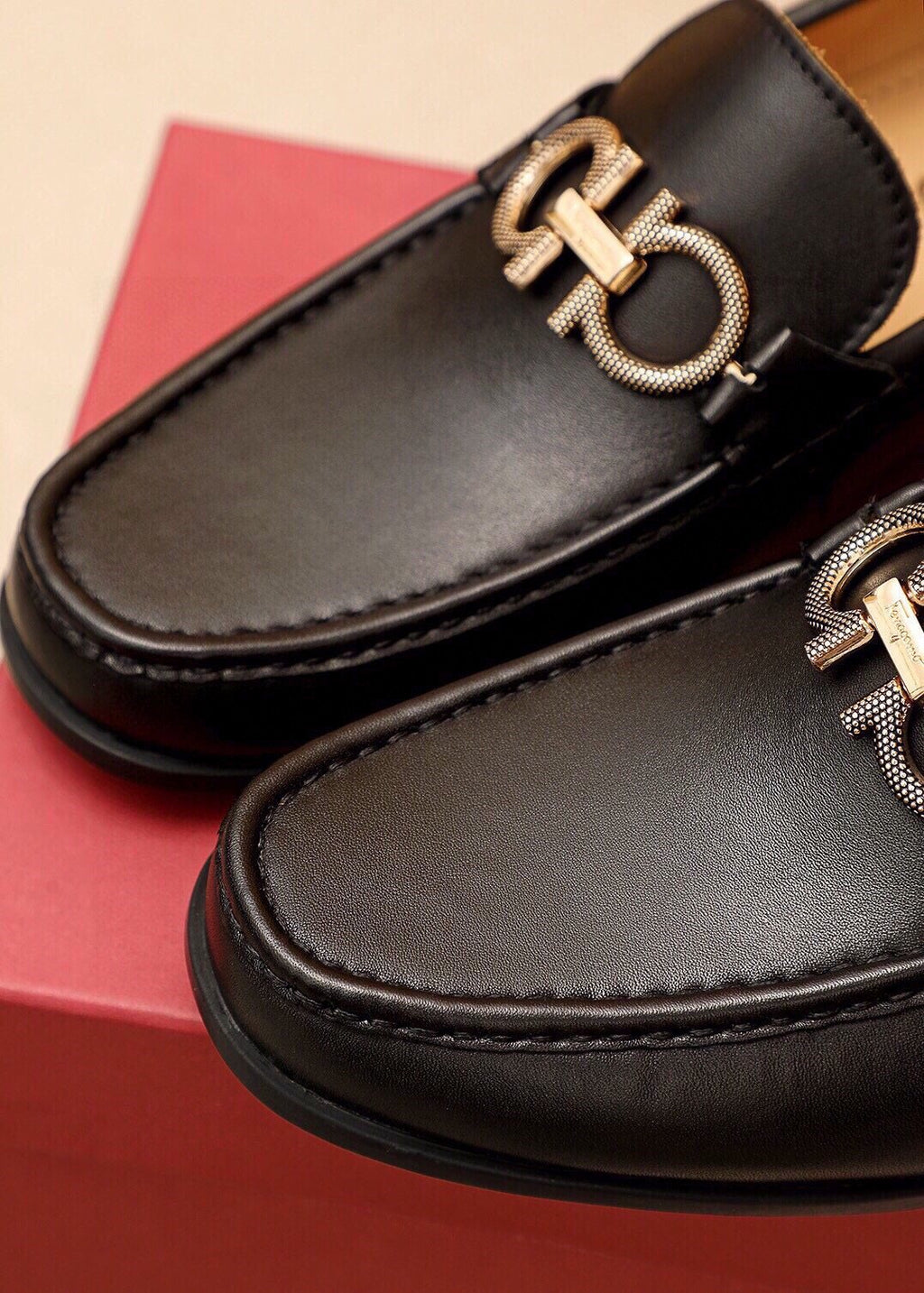 Ferragamo Men's Black Buckle Loafers - Moc-Toe Stitching, Leather Lining