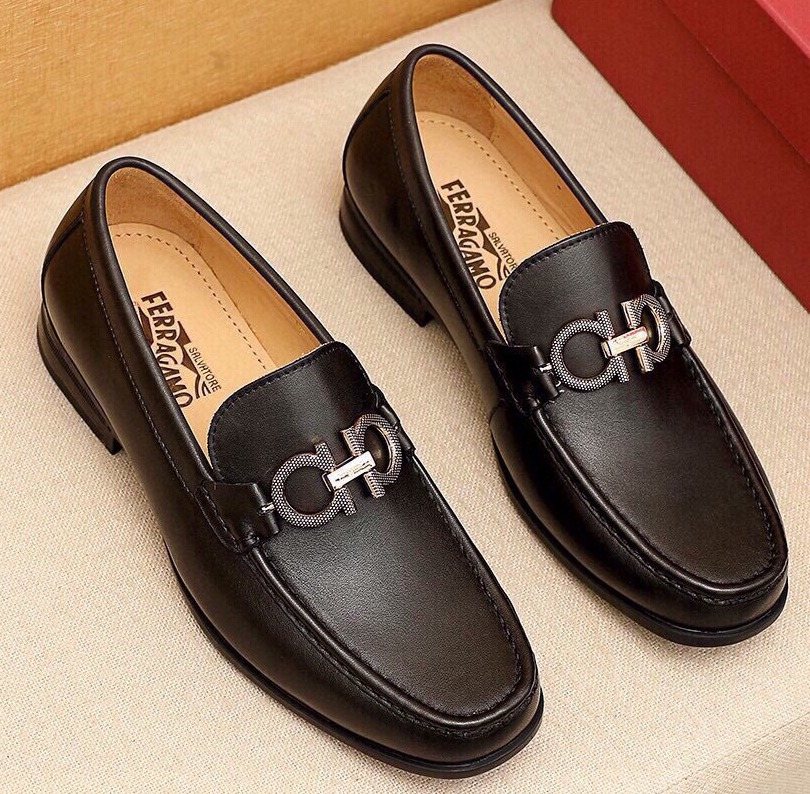 Ferragamo Men's Black Buckle Loafers - Moc-Toe Stitching, Leather Lining