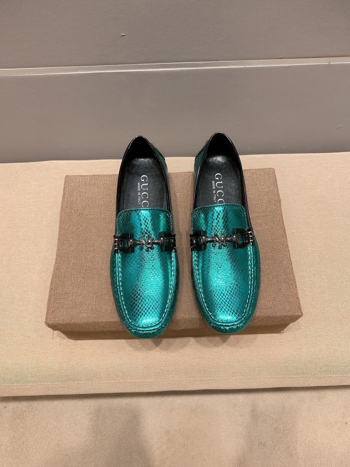 Gucci Men's Metallic Teal Horsebit Loafers