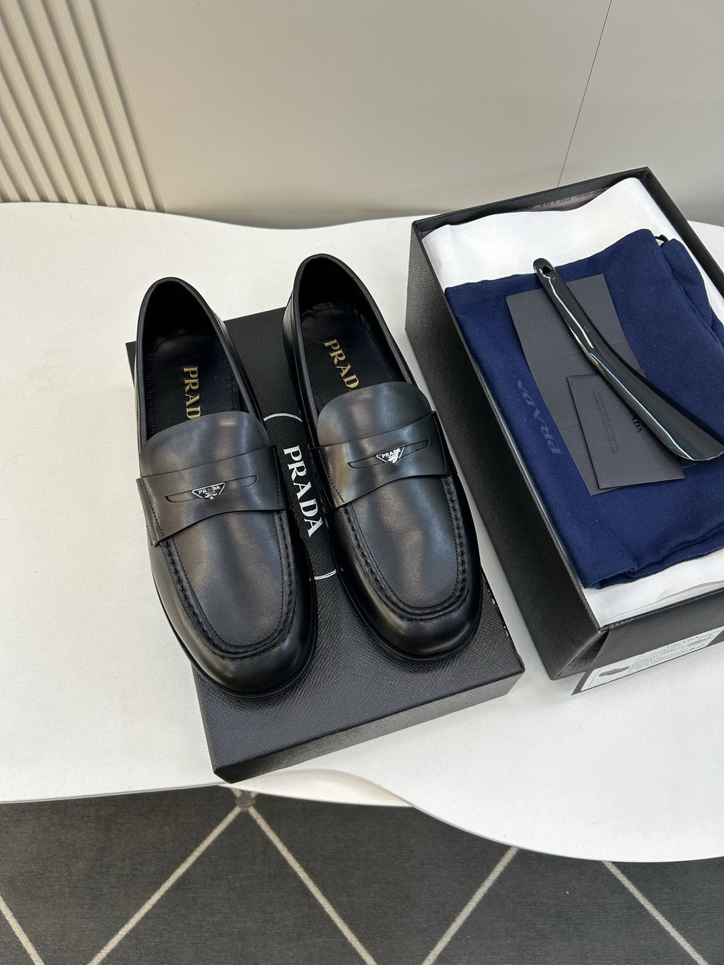 Prada Black Leather Penny Loafers