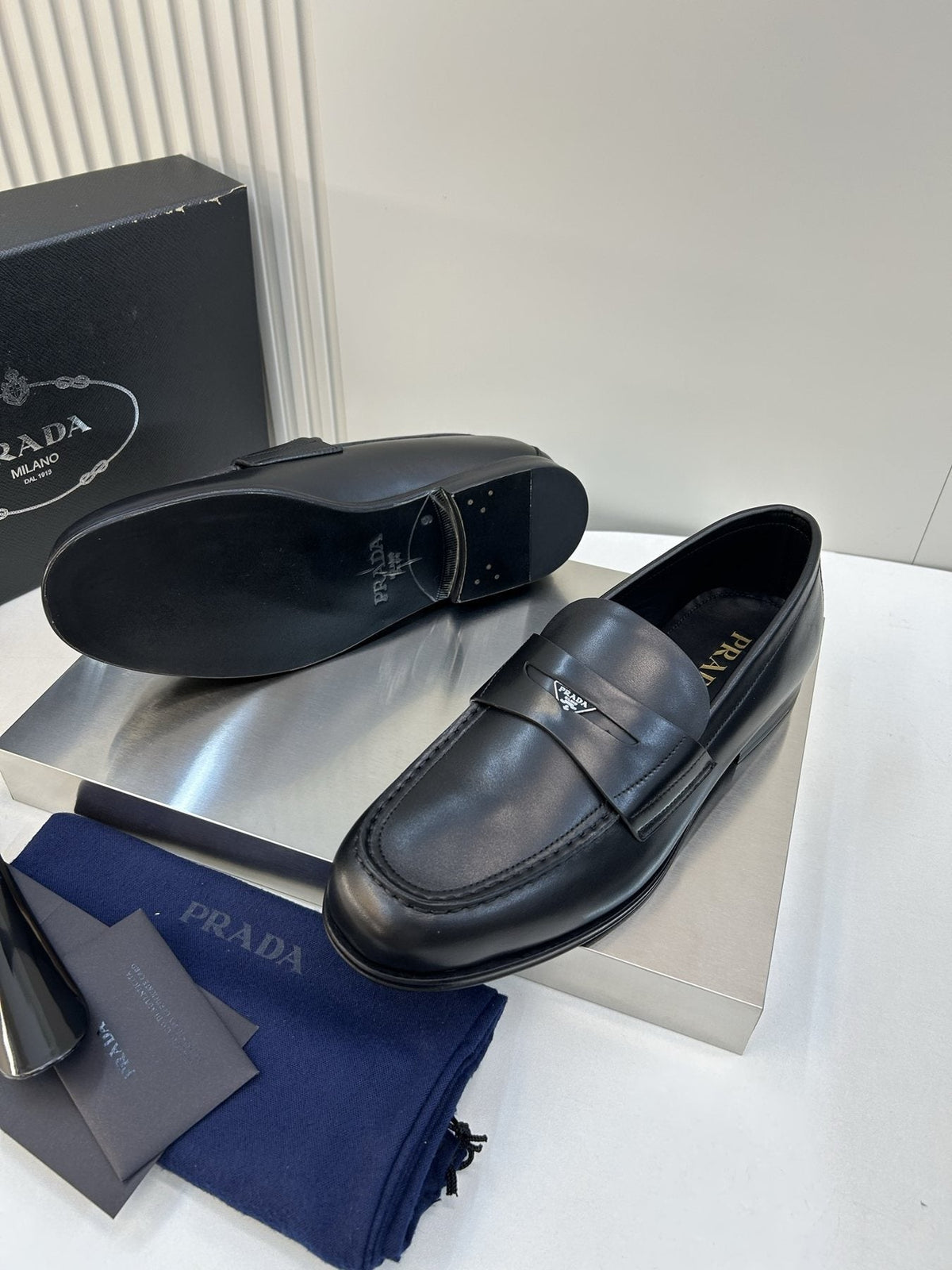 Prada Black Leather Penny Loafers