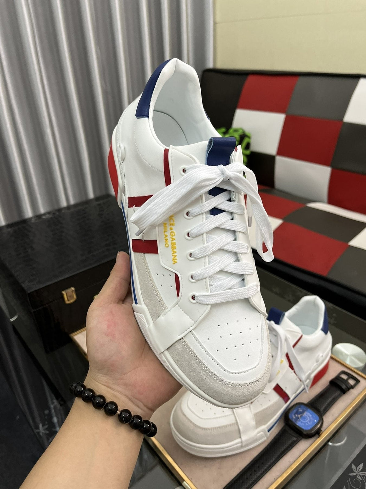 Men's White Low-Top Sneakers with Red and Navy Accents