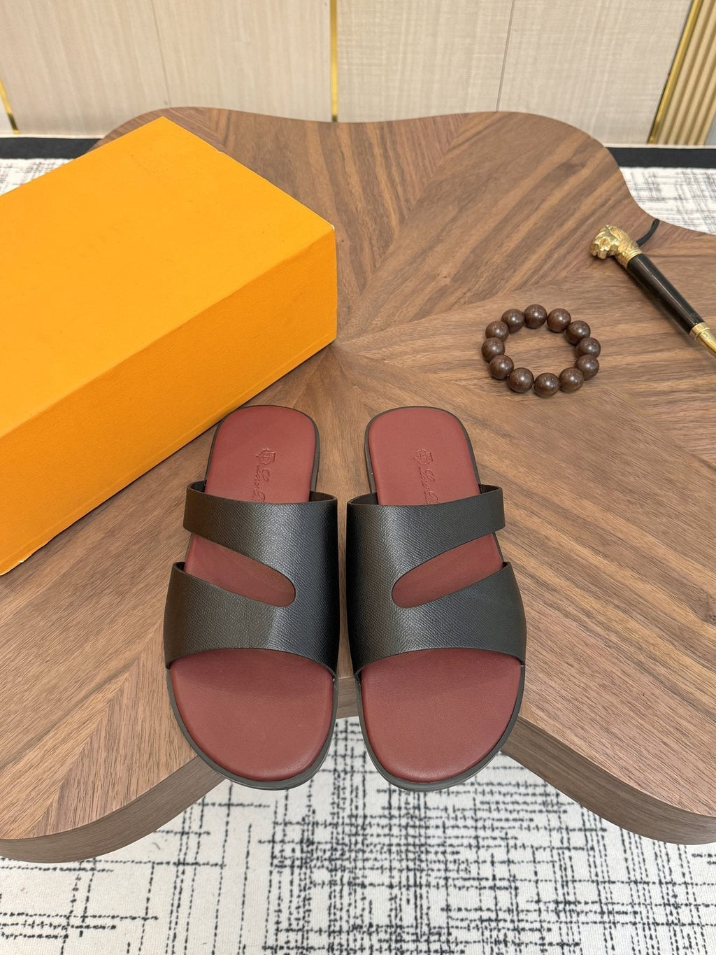 Loro Piana Black and Burgundy Slide Sandals
