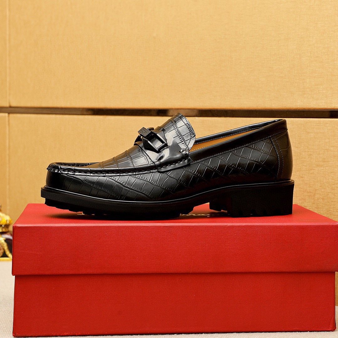 Ferragamo Black Embossed Leather Loafers