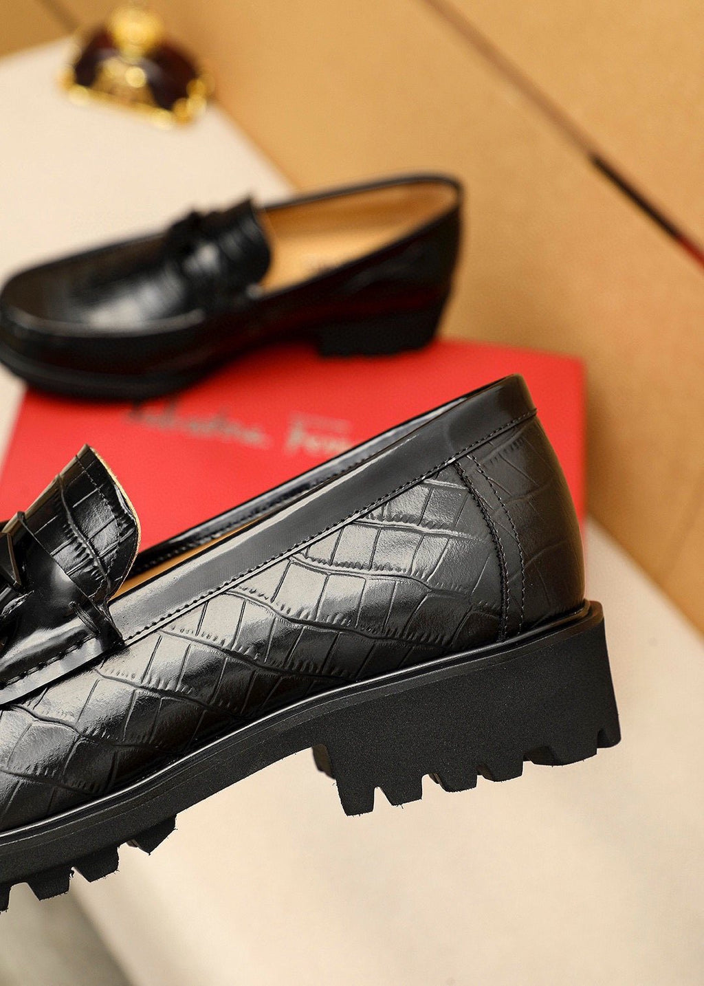 Ferragamo Black Embossed Leather Loafers