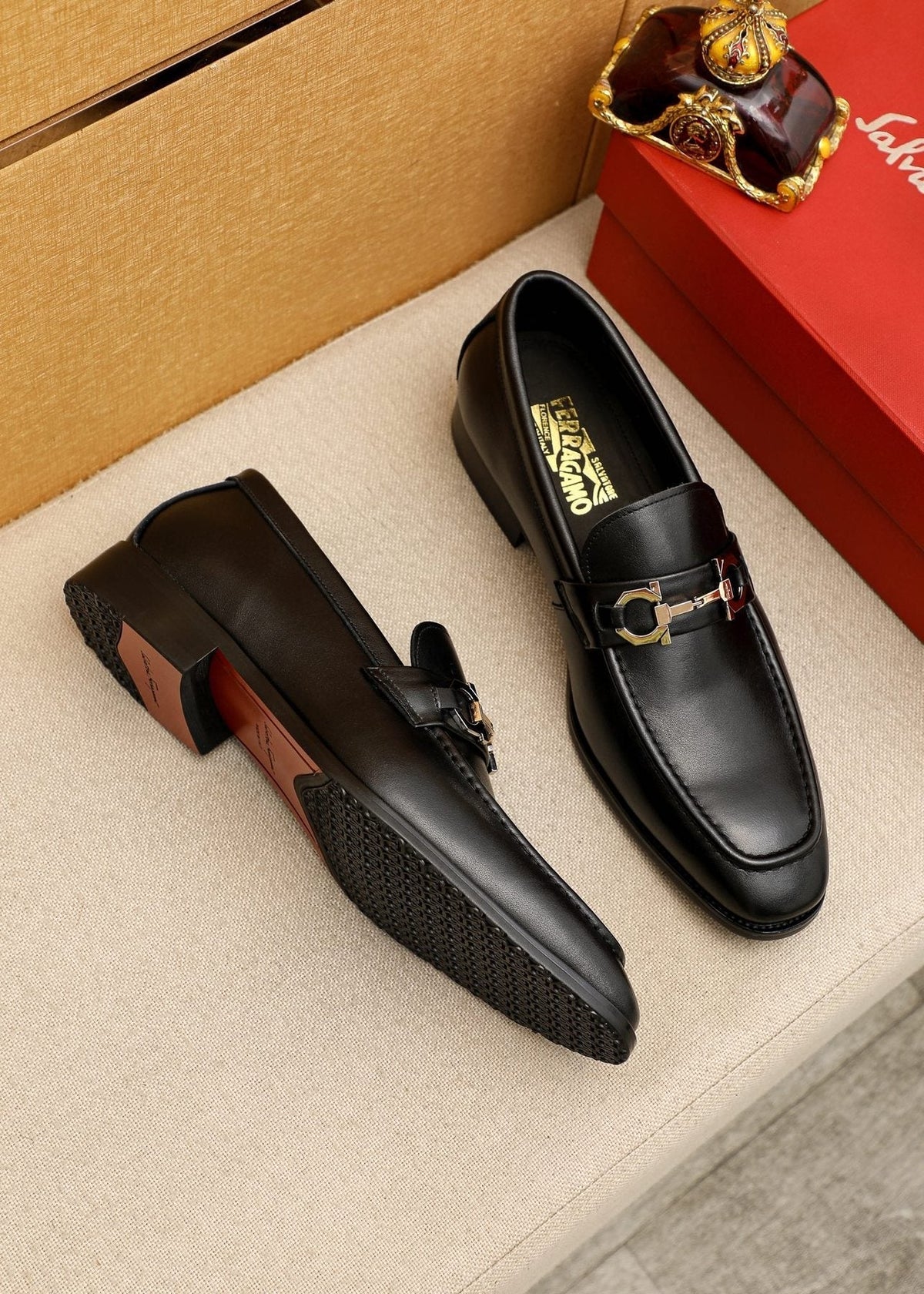 Salvatore Ferragamo Men's Black Buckle Loafers - Polished Metal Buckle Detail