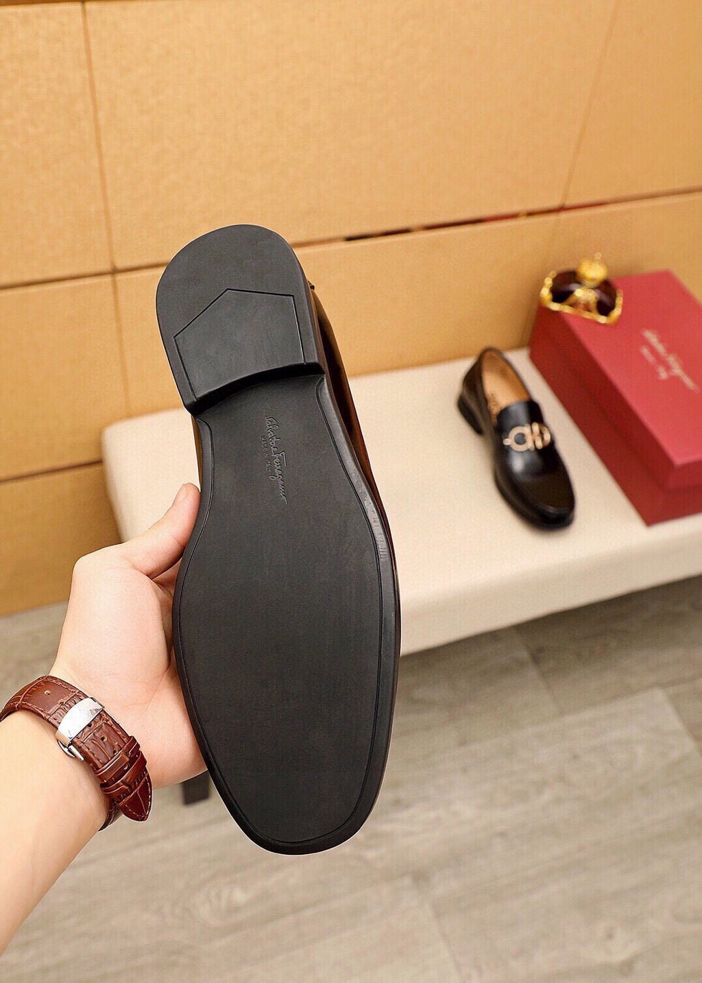 Ferragamo Men's Black Hardware Loafers - Apron-Toe Stitching