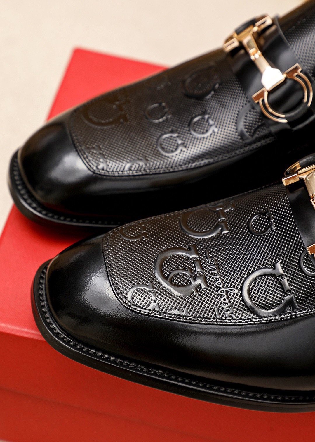 Ferragamo Black Buckle Loafers - Embossed Texture, Rubber Outsole
