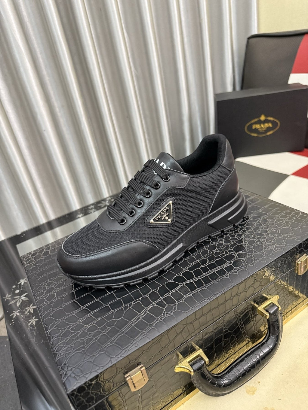 Prada Men's Triangle Plaque Low-Top Sneakers - Rubber Outsole