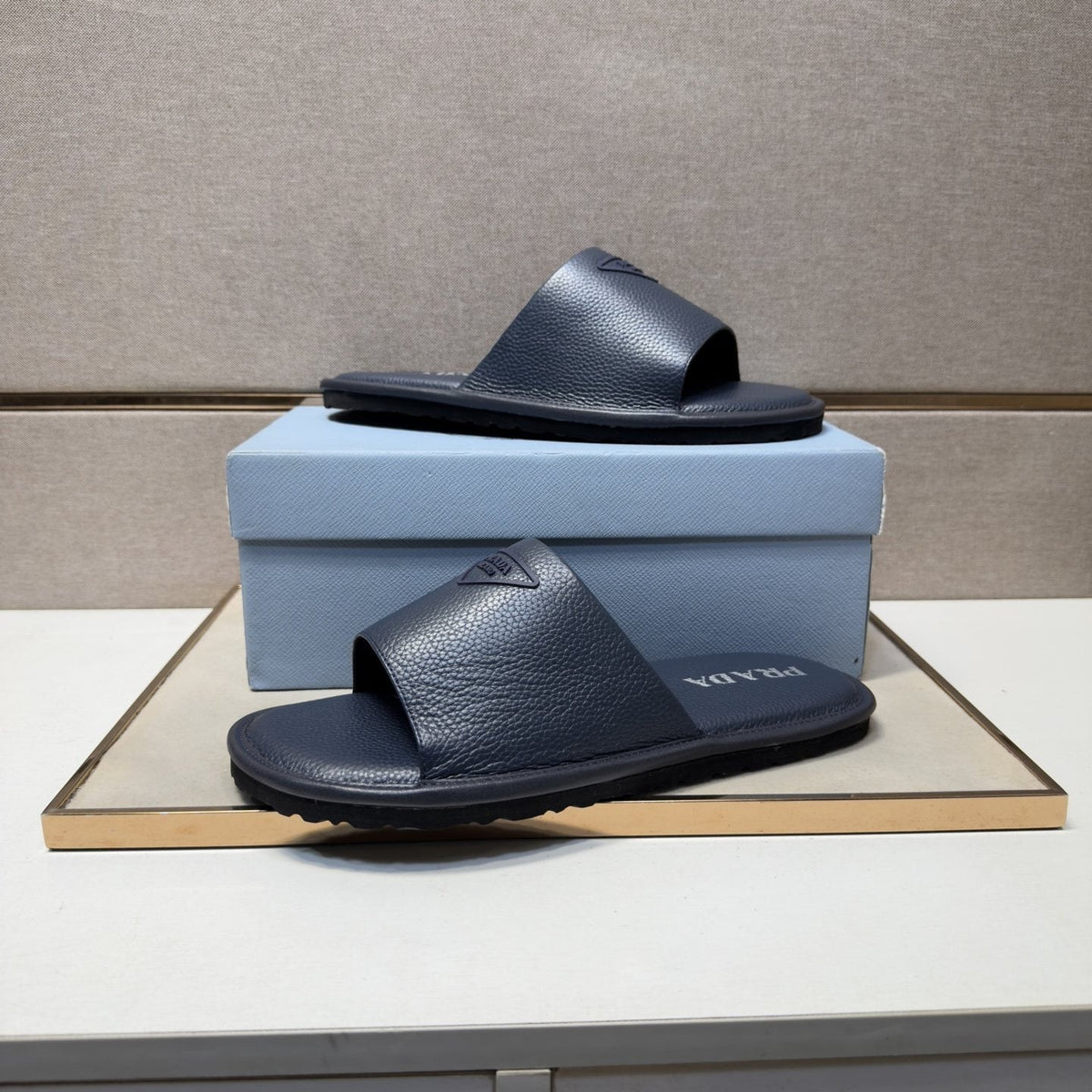 Prada Men's Triangle Detail Slide Sandals