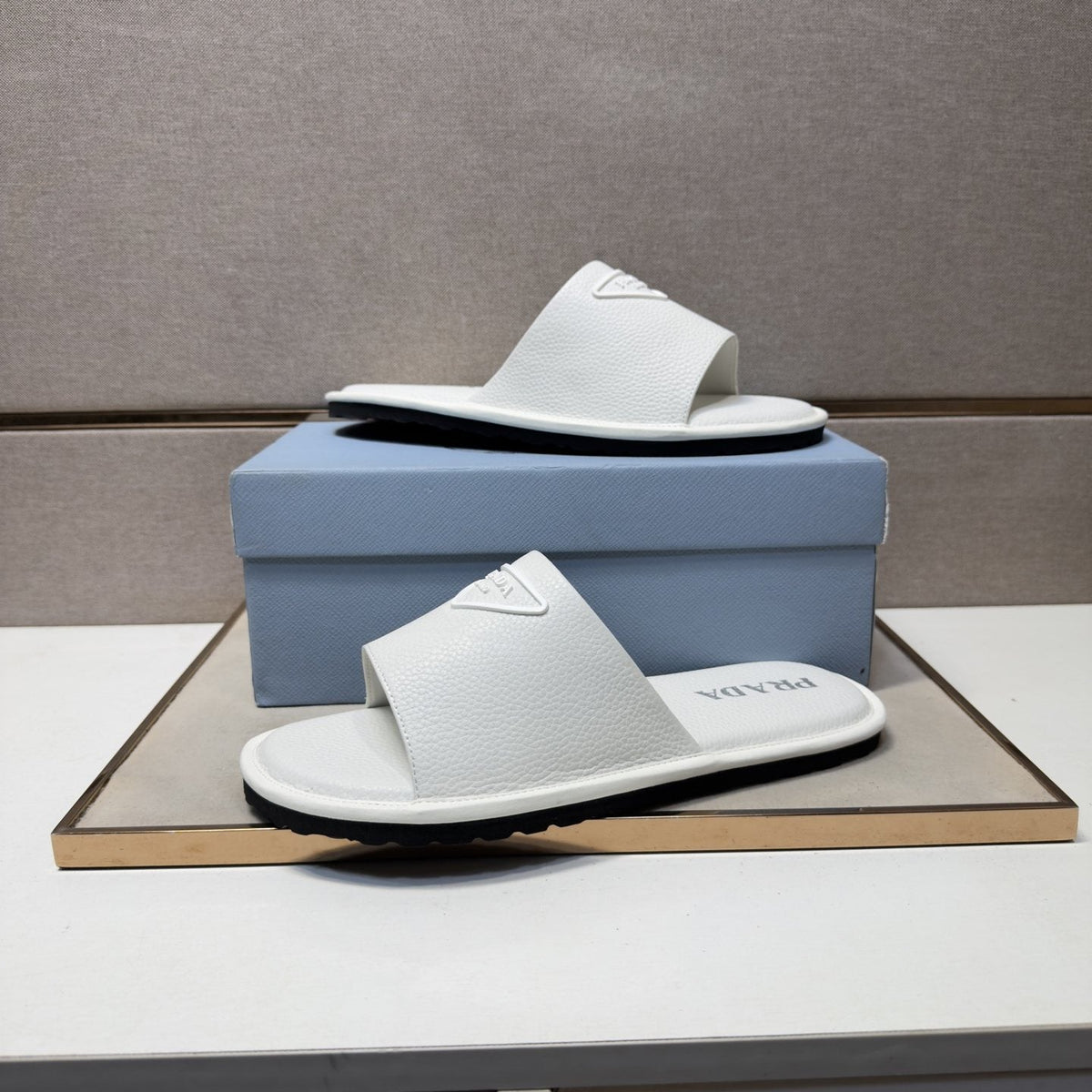 Prada Men's Triangle Detail Slide Sandals